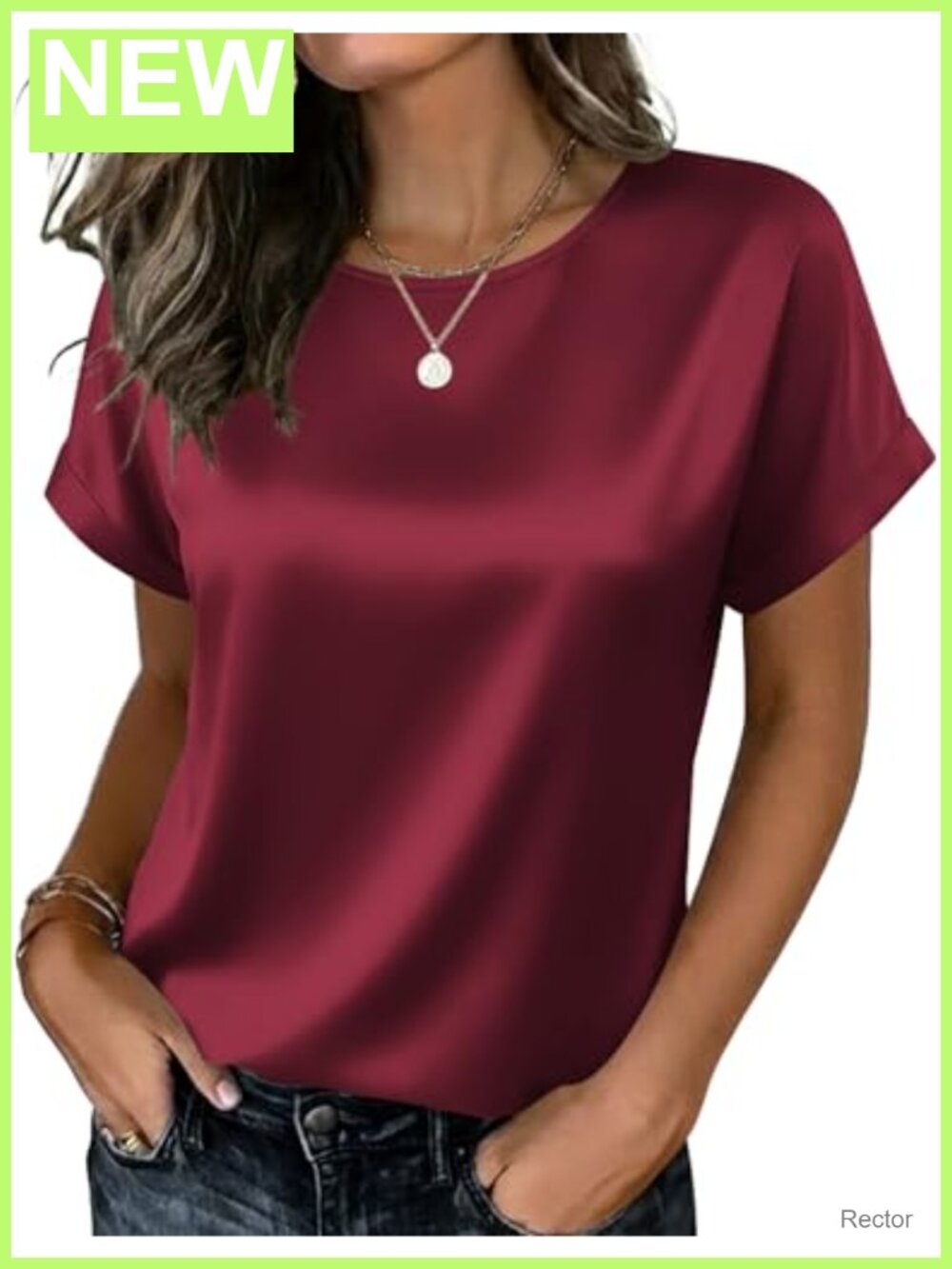 Satin Silk Blouse Short Sleeve Crewneck Top for Women Dressy Casual
